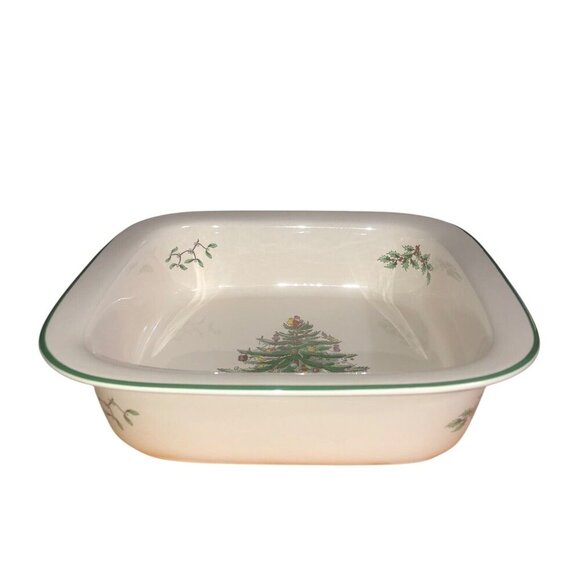 SPODE "Christmas Tree" 10" Square Grn Rimmed Casserole Serving Dish Dinnerware - Picture 2 of 6